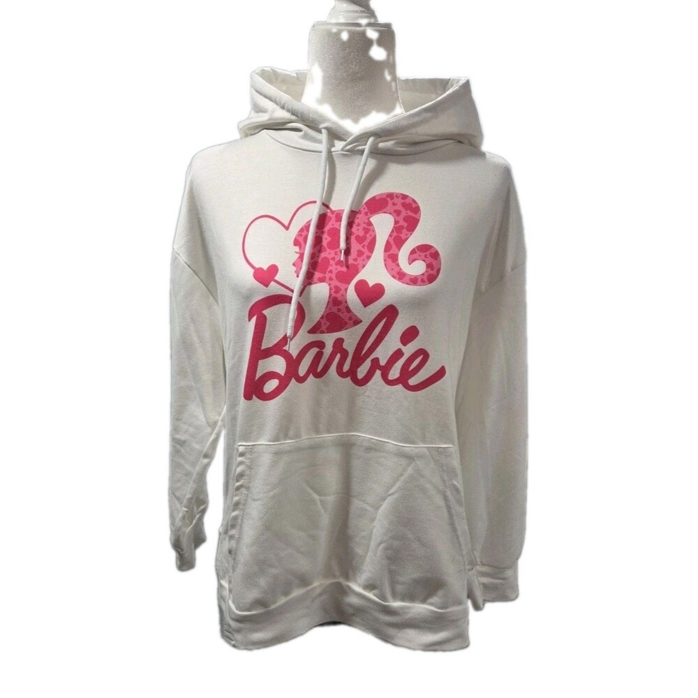 Barbie Hooded Sweater White Womens Size Small Pink Logo